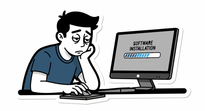 Frustrated man watching slow software installation on computer.