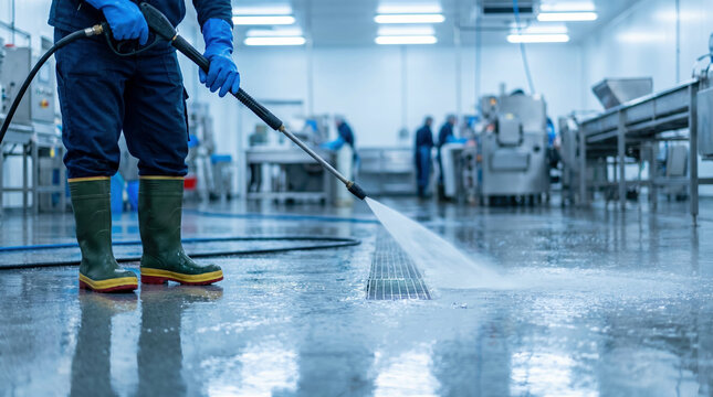 Food processing plant worker in protective gear using pressure washer for deep cleaning factory floor, ensuring sanitation.