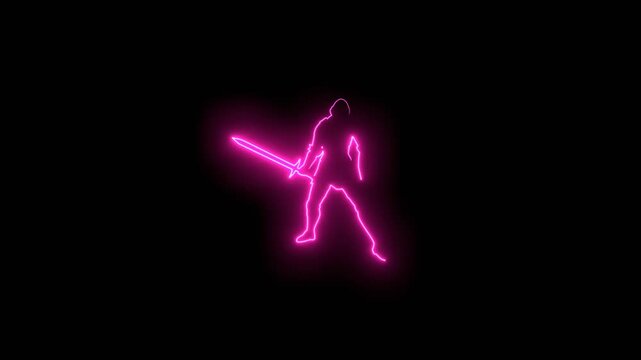 Medieval knight male warrior holding sword and shield. Hero wearing armor. Knight silhouette. Mascot and game element. Protection and security. Neon glowing.