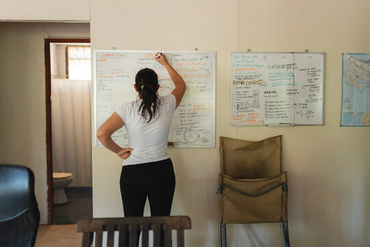 Woman writing strategy on whiteboard for business planning