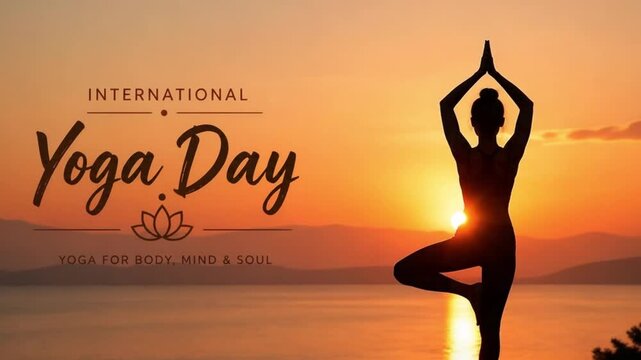 International Yoga Day Tree Pose Silhouette at Sunrise Wellness Banner