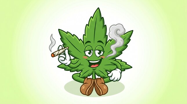 Cartoon cannabis leaf character smiling with arms raised in bright green setting