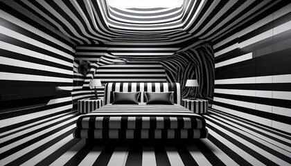 Fototapeta premium Minimalist black and white striped bedroom interior with futuristic tunnel perspective