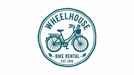 Vintage bicycle logo with 'Wheelhouse Bike Rental' text and floral basket detail © INFAYUFA