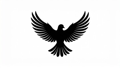 Fototapeta premium A black silhouette of a bird spreads its wings in flight outdoors.