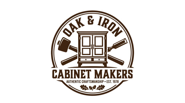 Oak & Iron Cabinet Makers logo with hammer and chisel on white background