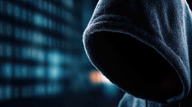 Mysterious hooded person with hidden face against blurred binary code background for hacker, cybersecurity and digital data protection theme