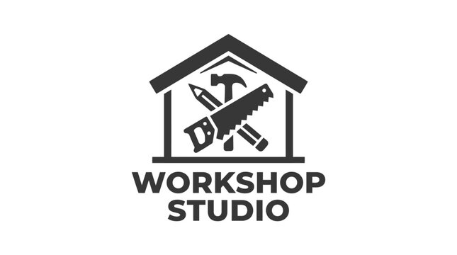 Workshop studio emblem featuring carpentry tools inside a house silhouette, graphic element