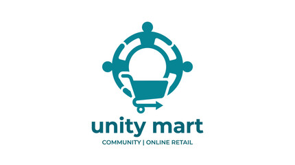 Teal flat design logo with shopping cart and community symbols, representing online retail. © INFAYUFA
