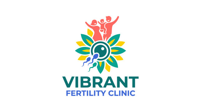 Fertility clinic logo with family, sperm, and egg graphic element