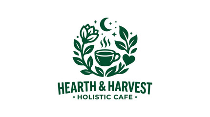Green floral wreath logo with coffee cup and celestial elements for holistic cafe © INFAYUFA