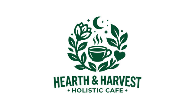 Green floral wreath logo with coffee cup and celestial elements for holistic cafe