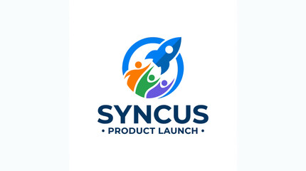 Colorful rocket launch with stylized figures inside a circle, representing startup and teamwork © INFAYUFA