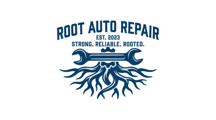 Obraz premium Car repair logo with wrench and roots, vintage style vector illustration.