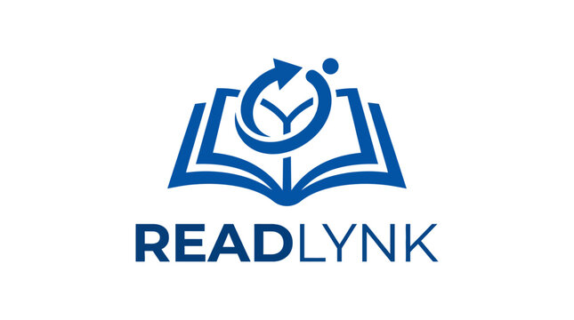 Open book with recycling symbol logo and text READLYNK, vector graphic design