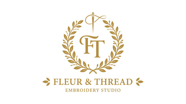 Elegant embroidery studio logo with floral wreath and monogram
