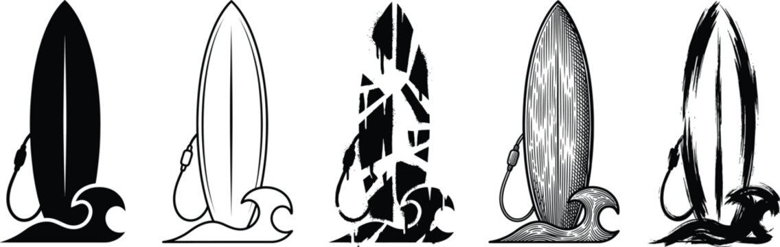 A set of surfboard silhouette illustrations in various styles and patterns on a wave eps design
