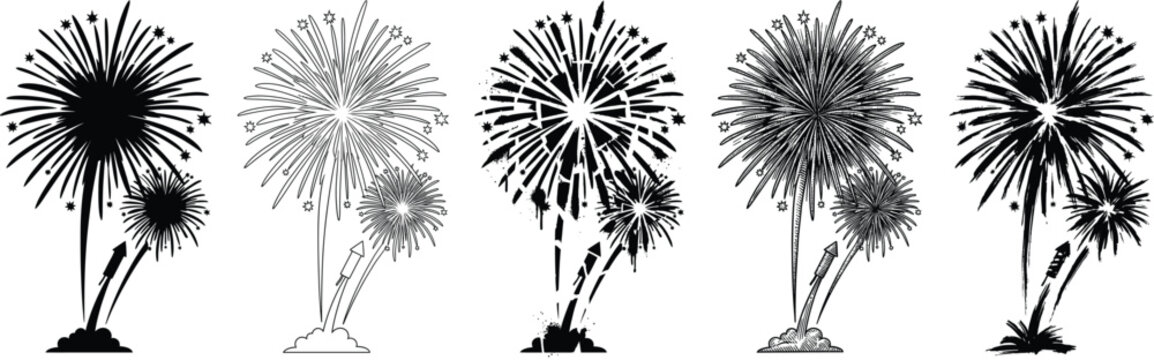 A set of eps silhouette fireworks exploding in the night sky with various shapes and sizes.