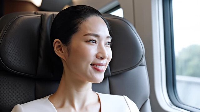 Smiling Asian woman traveling by high speed train sitting in first class seat looking out window