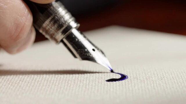 Close-up of hand holding ornate fountain pen with blue ink tip poised over textured paper