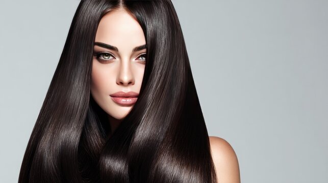 Stunning Woman with Silky, Long Hair and Striking Features on a Neutral Background for Beauty and Fashion Themes