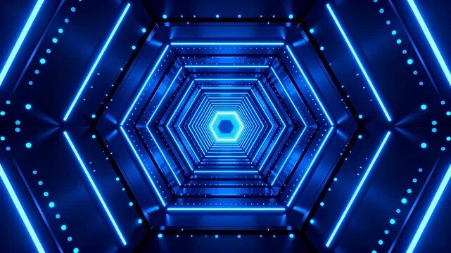 Blue neon hexagonal tunnel