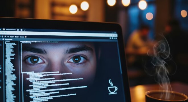 Professional Software Developer Coding on Laptop in a Cozy Cafe with Steaming Coffee and Digital Eye Graphics