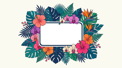 Vibrant Tropical Floral Frame with Hibiscus Orchids and Monstera Leaves on a Light Background. Perfect for Summer Party Invitations, Exotic Greeting Cards, and Botanical Themed Graphic Designs. © Ayong