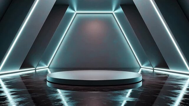 Red neon geometric room with circular platform