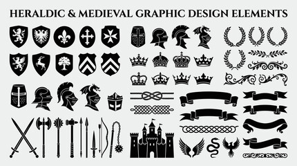 Heraldic and medieval graphic design elements set featuring shields, knight helmets, crowns, weapons like swords and axes, laurel wreaths, banners, and a castle in black silhouette style. © Ayong