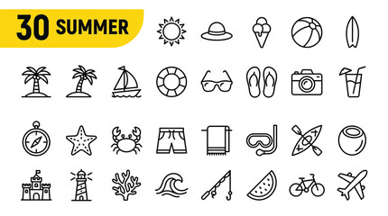 A collection of thirty summer and vacation themed outline icons featuring beach elements, water sports, travel symbols, and tropical items in a clean and modern minimalist line art vector style. © Ayong