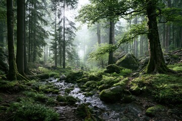 Fototapeta premium Forest stream flowing through mossy terrain in a dense grove with ethereal sunbeams for environmental conservation and travel marketing