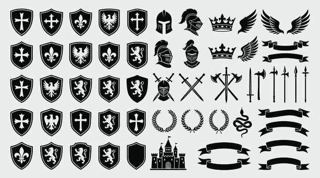 Comprehensive Medieval Heraldic Silhouette Collection Featuring Shields, Knight Helmets, Crowns, Swords, Weapons, Banners, and Royal Symbols for Logo Design and Vintage Projects.