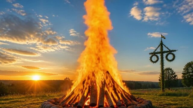 Bonfire Burning at Sunset for Summer Solstice Festival Tradition