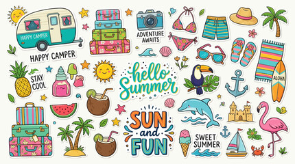 Large Collection of Colorful Summer Vacation Stickers Featuring Tropical Icons like Flamingo, Palm Tree, Camper Van, and Beach Accessories in Hand-Drawn Doodle Style for Travel Designs © Ayong