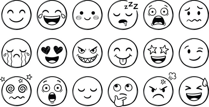 Hand drawn emoji set diverse facial expressions for digital communication and design