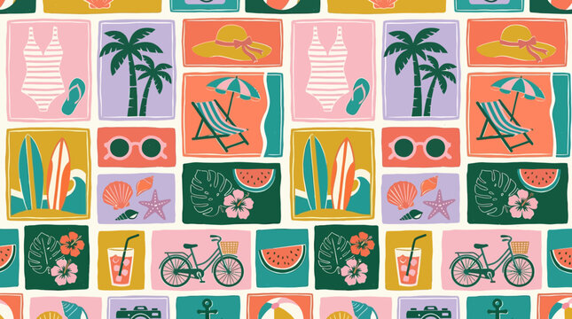 Vibrant summer holiday pattern with tropical icons like palm trees, surfboards, swimsuits, and cocktails in a retro block print style. Great for wallpaper, textiles, and travel backgrounds.