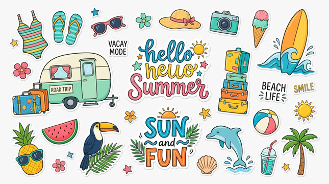 Colorful Summer Vacation Sticker Set with Travel Icons including Camper Van, Surfboard, Tropical Animals, Fruit, and Beach Accessories for Seasonal Scrapbooking and Digital Planners.