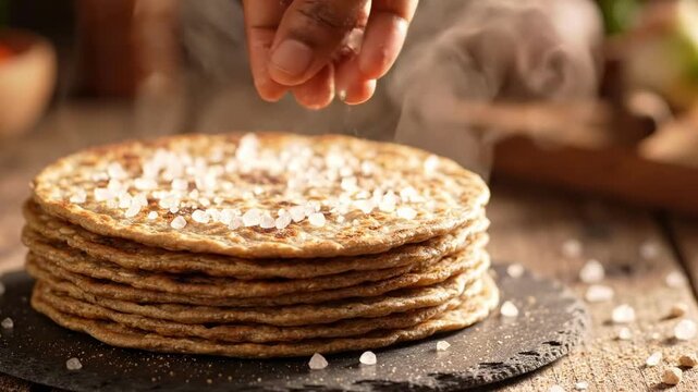 Hand sprinkling coarse salt on stack of freshly cooked chapati