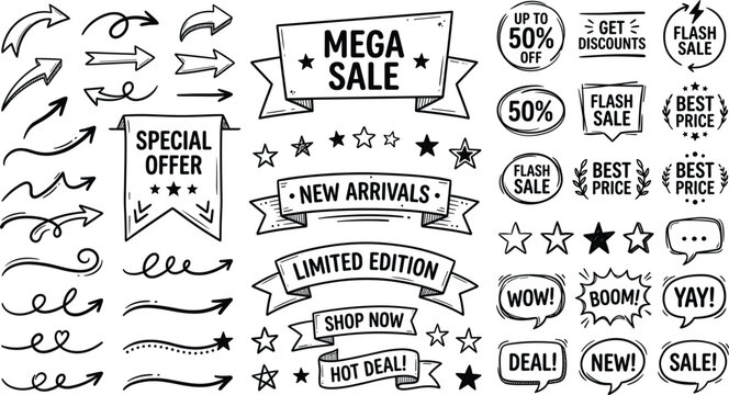 Hand drawn sale banners and elements for marketing promotions and discounts