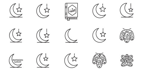 Islamic symbols crescent moon star mosque dates and quran book collection for Ramadan Kareem greetings and religious celebration. © SaHeD