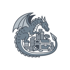 Mythical dragon curled around a treasure chest and gold. © crowelov branding