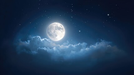 Fototapeta premium Majestic Full Moon Illuminates Night Sky with Soft Clouds and Sparkling Stars in a Serene Atmosphere