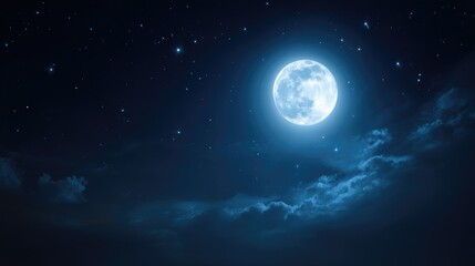 Fototapeta premium Bright full moon shining over a starry night sky with wispy clouds, creating a serene and magical atmosphere