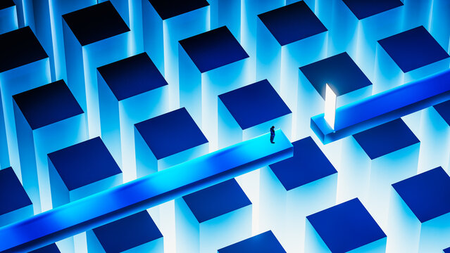 Man steps through door into new dimension with abstract background