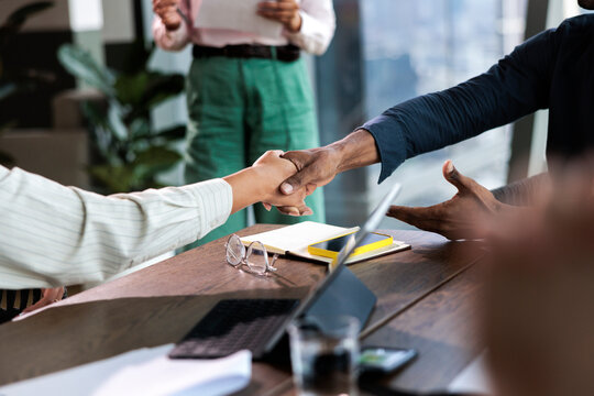 Business handshake seals deal at modern office meeting.
