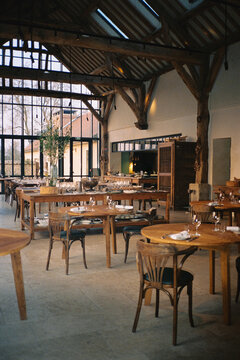 Inside the polished dining room of Le Doyenn&eacute; country hotel near Paris