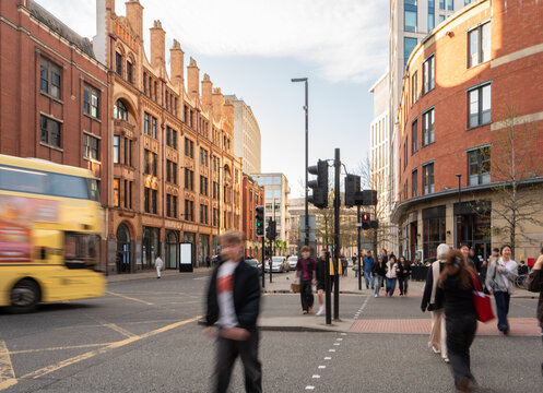 Manchester Street Scene With Bus and Pedestrians 