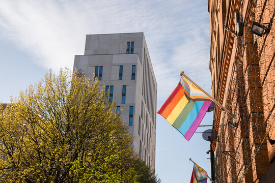 Pride Flags Wave in the City Under a Blue Sky