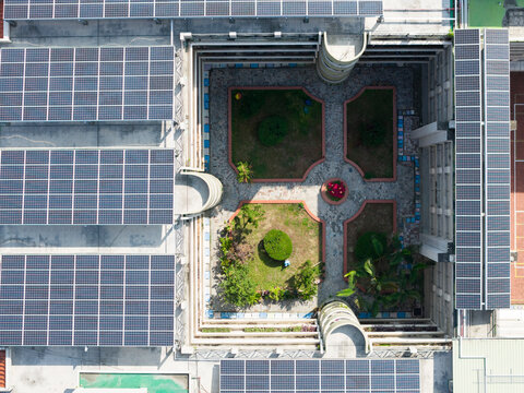 Aerial Campus Courtyard with Solar Rooftop Panels